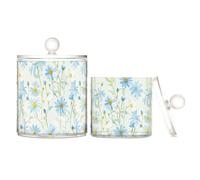 miaozhen Lot de 2 boîtes de rangement en plastique transparent avec couvercle, motif marguerites bleues d'été pour cotons-tiges, cotons-tiges, cure-dents, trombones