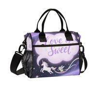 miaozhen Love is Sweet Sac à déjeuner avec bandoulière et poche latérale Motif licornes Bleu