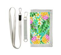 miaozhen Portefeuille de voyage à trois volets pour homme, motif floral, ananas, feuilles tropicales, portefeuille de voyage pour femme, portefeuille robuste avec cordon carteras para hombre, fleurs