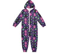 miaozhen Pyjama unisexe 1 pièce pour enfants en polaire avec fermeture éclair à capuche noir et rose pour Halloween, motif chats fantaisie, pyjama 1 pièce pour enfant, vêtements de maison, 5-14 ans