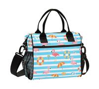 miaozhen Sac à déjeuner thermique avec bandoulière et motif flamant rose rayé bleu et blanc pour adolescents