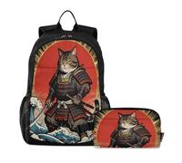 miaozhen Sac à dos pour l'école et le déjeuner, motif chat, graffiti, vagues de l'océan japonais, samouraï, chat, 18 l, sacs à livres avec boîte à déjeuner pour garçons, 7-10, caja de almuerzo para ni