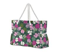 miaozhen Sac de plage pliable et résistant au sable avec fermeture éclair - Motif trèfle et feuilles - Fuchsia - Vert sauge - Grand sac fourre-tout pour femme avec porte-gobelets sur le côté