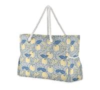 miaozhen Sac de plage robuste et pliable avec fermeture éclair William Morris Vintage Fruit Jaune Bleu Sac fourre-tout de travail pour femme avec porte-gobelets sur le côté