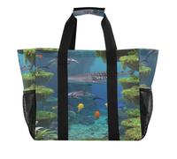 miaozhen Sacs à provisions réutilisables avec sac à fermeture éclair | Sac à linge fourre-tout, avec poches, paysage 3D de récif de requin baleine