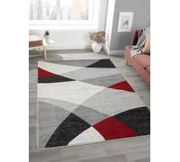 Mia's Mosaix Tapis Moderne à Poils Courts et denses - pour Salon et Chambre à Coucher - avec Contours découpés - Motif géométrique - À Carreaux - Gris/Rouge - 80 x 140 cm