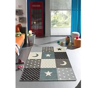 Mia's Teppiche Marie - Tapis Enfant, Tapis Chambre Enfant, Garçon & Fille, Pastel, Moderne, Carreaux, Points, Lune, Etoiles, Couleur:Bleu, 80x150 cm