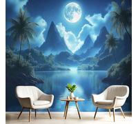 MIATCENRT 3D Papier Peint Fantastique Montagnes, Île Plantes Papier Peint Panoramique Pour Salon Restaurant Chambre D'Enfant Décoration Murale, 450x315cm (L×H), Sur Mesure Taille, Bleu foncé