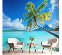 MIATCENRT 3D Papier Peint Île Tropicale, Palmiers D'Eau De Mer Papier Peint Panoramique Pour Salon Restaurant Chambre D'Enfant Décoration Murale, 250x175cm (L×H), Sur Mesure Taille, Bleu