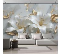 MIATCENRT 3D Papier Peint Panoramique Soie Luxe Fleurs, 300x210cm Gris clair, Marbre Lys Feuilles D'Or Grandes Murales Poster pour Salon, Adulte Chambre, Étude Décoration