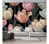 MIATCENRT 3D Papier Peint Panoramique Soie Rêverie Fleurs, 250x175cm Rose Vert, Tulipes Dessinées À La Main Grandes Murales Poster pour Salon, Adulte Chambre, Étude Décoration