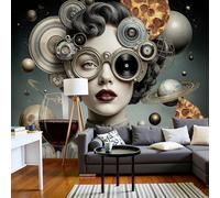 MIATCENRT 3D Papier Peint Panoramique Soie Science-Fiction Rétro, 250x175cm Gris, Disques Vin Portraits Femmes Grandes Murales Poster pour Salon, Adulte Chambre, Étude Décoration