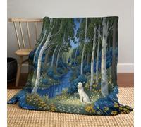 MIATCENRT Couverture en Flanelle Polaire Illustration 200x220cm, Douce et Chaude Duveteuse et Douillette, Couverture à Impression Forêt De Bouleaux Chien, pour Adultes et Enfants