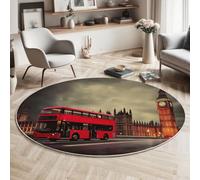 MIATCENRT Grand Tapis Rond Surréalisme Bus Big Ben, Tapis Lavable Antidérapant pour Aalon, Chambre Coucher, Entrée, Décoration d'intérieur, Protections de Sol, 160cm, Rouge Gris