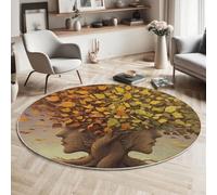 MIATCENRT Grand Tapis Rond Surréalisme Visage Humain Arbre, Tapis Lavable Antidérapant pour Aalon, Chambre Coucher, Entrée, Décoration d'intérieur, Protections de Sol, 120cm, Orange Vert