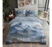 MIATCENRT Housse de Couette 240x220cm Gris-Bleu Paysage Nordique | 2 Taie d'oreiller 65x65cm, Parure de Lit de Motif Montagnes Brume Matinale pour 2 Personnes, Réversible, Fermeture Éclair
