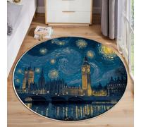 MIATCENRT Impressionnisme Tapis Rond Lavable en Machine 100cm, Tapis Imprimé Londres Vue Nocturne Antidérapant à Poils Courts pour Salon, Chambre d'enfant, Décoration de Chambre, Or Bleu