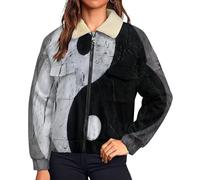 MIATCENRT Manteau en Peluche Femme avec col à Revers pour l'hiver - Vêtement d'extérieur Chaud Imprimé Symbole Yin-Yang Tendance - Veste Polaire d'extérieur pour Femme