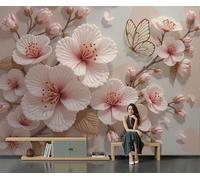 MIATCENRT Papier Peint 3D Panoramique Fleurs De Cerisier Papillons Bas-Reliefs Artistiques, Soie Murale Tapisserie Rose clair pour Salon Chambre Restaurant Couloir TV Fond Décor Mural 450x315cm