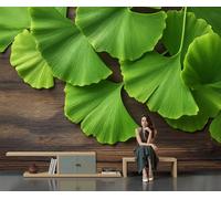 MIATCENRT Papier Peint Motif Planche Bois Feuilles Ginkgo, 3D Panoramique Papier Peint Plantes Naturelles, Muraux Decoratif Pour Salon, Chambre, Tapisserie Murales, Décoration Murale 400x280cm