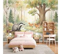 MIATCENRT Papier Peint Murale 3D Animaux À L'Aquarelle Famille De Renards Des Forêts, 250x175cm Panoramique Décoration Murale, Papier Peint Toile de Soie pour Chambre Salon Personnalisé Muraux