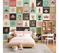 MIATCENRT Papier Peint Murale 3D Collage Rétro Chats Et Chiens De L'Espace, 450x315cm Panoramique Décoration Murale, Papier Peint Toile de Soie pour Chambre Salon Personnalisé Muraux