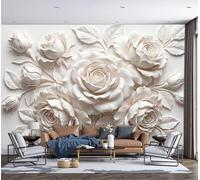 MIATCENRT Papier Peint Murale 3D Fleurs 3D Rose Blanche En Relief, 350x256cm Panoramique Décoration Murale, Papier Peint Toile de Soie pour Chambre Salon Personnalisé Muraux