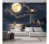 MIATCENRT Papier Peint Murale 3D Vue Nocturne Du Littoral Phare De La Pleine Lune, 250x175cm Panoramique Décoration Murale, Papier Peint Toile de Soie pour Chambre Salon Personnalisé Muraux