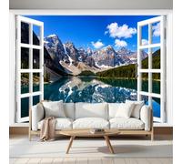 MIATCENRT Papier Peint Murale 3D Vue Réaliste Par La Fenêtre Forêts Lacustres, 200x140cm Panoramique Décoration Murale, Papier Peint Toile de Soie pour Chambre Salon Personnalisé Muraux