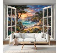 MIATCENRT Papier Peint Murale 3D Vue Rétro Par La Fenêtre Phare Côtier, 200x140cm Panoramique Décoration Murale, Papier Peint Toile de Soie pour Chambre Salon Personnalisé Muraux