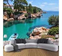 MIATCENRT Papier Peint Muraux Côtier Paysage Méditerranée Architecture, 350x256cm (L×H) Papier Peint Panoramique, Tableaux Muraux Turquoise Tapisserie Photo, Mural pour Salon, Chambre, Fond Décor TV