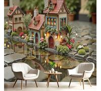 MIATCENRT Papier Peint Panoramique 3D, Campagne Maisons Paysage - Autocollant Mural pour Salon Chambre À Coucher Couloir, Moderne Espace Visuel de Contes De Fées Le Monde Murale 350x256cm