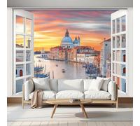 MIATCENRT Papier Peint Panoramique 3D, Les Canaux De Venise Vue 3D Par Fenêtre - Autocollant Mural Pour Salon Chambre À Coucher Couloir Moderne Espace Visuel De Paysage Murale 300x210cm