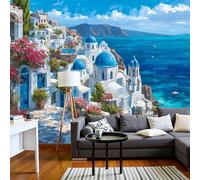 MIATCENRT Papier Peint Panoramique 3D Méditerranée, Grèce. Architecture 250x175cm Soie Murale pour Salon Chambre Restaurant Décoration Murale, Bleu Blanc Chambre Poster Mural Fresques Murales
