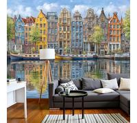 MIATCENRT Papier Peint Panoramique 3D, Reflets Des Maisons Canal Paysage - Autocollant Mural pour Salon Chambre À Coucher Couloir, Moderne Espace Visuel de Architecture Urbaine Murale 300x210cm