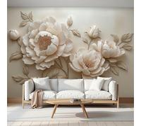 MIATCENRT Papier Peint Panoramique 3D Soie Beige Art En Relief, 450x315cm Murales Panoramique Bouton De Pivoine pour Salon, Adulte Chambre, Restaurant Décoration
