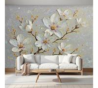 MIATCENRT Papier Peint Panoramique 3D Soie Or blanc Peinture L'Huile, 450x315cm Murales Panoramique Décoration De Branches De Magnolia pour Salon, Adulte Chambre, Restaurant Décoration