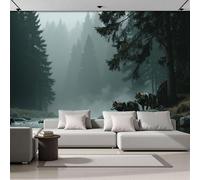 MIATCENRT Papier Peint Panoramique 3D Soie Vert Forêt Mystérieuse, 450x315cm Murales Panoramique Loups Au Bord De La Rivière pour Salon, Adulte Chambre, Restaurant Décoration