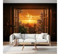 MIATCENRT Papier Peint Panoramique 3D, Vue Du Coucher De Soleil Par Fenêtre Paysage Rétro - Autocollant Mural Pour Salon Chambre À Coucher Couloir Moderne Espace Visuel De Paysage Murale 350x256cm