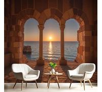 MIATCENRT Papier Peint Panoramique 450x315cm Format Personnalisé, 3D Poster Geant Mural, Coucher De Soleil Mer Rome Antique Arche pour Salon Chambre Restaurant Décoration Murale