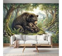 MIATCENRT Papier Peint Panoramique Animaux De La Forêt, Papier Peint Ourse Noire Et Son Petit, Fresque Murale Soie, Décoration Muraux Pour Salon, Chambre, Bureau - 450x315cm (non adhésif)