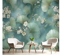 MIATCENRT Papier Peint Panoramique Aquarelle Floral 3D, Papier Peint Muraux Photo Motif Feuilles De Ginkgo Fleurs Vert, Murale Salon Tissu de Soie, Décoration Murale Chambre, 350x256cm (L×H)
