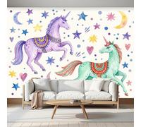 MIATCENRT Papier Peint Panoramique Cheval Céleste Étoilé, Murales Panoramique Animaux À L'Aquarelle Violet-Vert Papier Peint Muraux Soie Pour Chambre d'enfant Décoration Murale 350x256cm