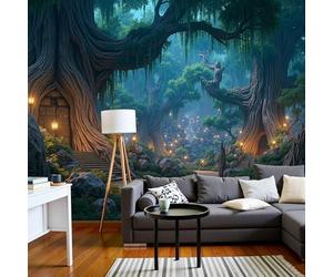 MIATCENRT Papier Peint Panoramique Forêt Magique Lanterne D'Arbre Ancien Murales Poster pour Salon, Adulte Chambre Décoration 450x315cm Personnalisable Papier Peint Soie Décoration Murale