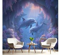 MIATCENRT Papier Peint Panoramique Grottes Océaniques Soie 250x175cm, Tapisserie Murales Papier Peint Violet Dauphins Récifs Coralliens 3D Décoration Murale Salon Restaurant, Soie Wallpaper