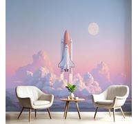 MIATCENRT Papier Peint Panoramique Illustration Simple Soie 300x210cm, Tapisserie Murales Papier Peint Rose violet Fusée Lunaire 3D Décoration Murale Salon Restaurant, Soie Wallpaper