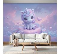 MIATCENRT Papier Peint Panoramique Nuages Cœurs Poneys, Murales Panoramique Dessins Animés Violet Papier Peint Muraux Soie Pour Chambre d'enfant Décoration 450x315cm (L×H)