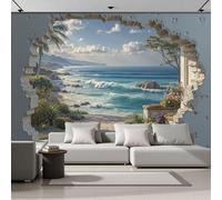 MIATCENRT Papier Peint Panoramique Paysage Moderne de Cadre De Fenêtre Littoral, 350x256cm (L×H) Papier Peint Murale Intissé 3D, Azuré Poster Decoration Murale pour Chambre Salon Bureau