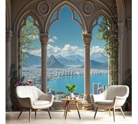 MIATCENRT Papier Peint Panoramique Paysage, Murale 3D Personnalisé Décor à la Maison Gothique Architecture Ville Baie, Papier Peint Soie Decoration Mural Chambre Salon, 200x140cm