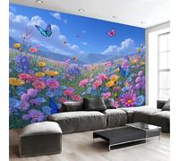 MIATCENRT Papier Peint Panoramique Paysage Onirique de Prairie Marguerites, 350x256cm (L×H) Papier Peint Murale Intissé 3D, Bleu Poster Decoration Murale pour Chambre Salon Bureau